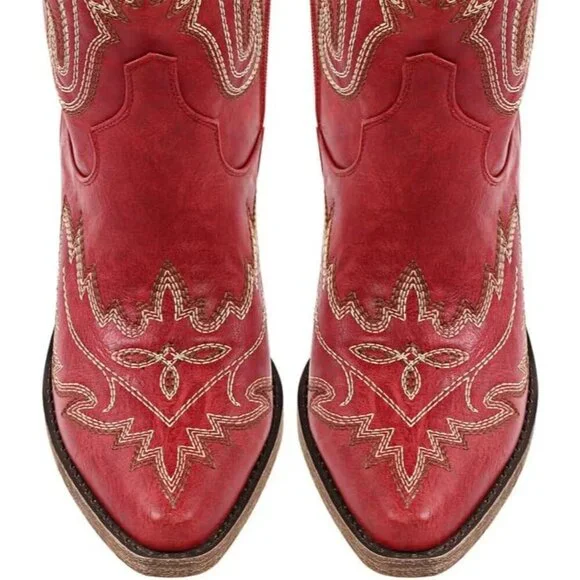 Women Red Synthetic Cowgirl Thigh High Wide Calf Embroidered Western Boots - Picture 4 of 7